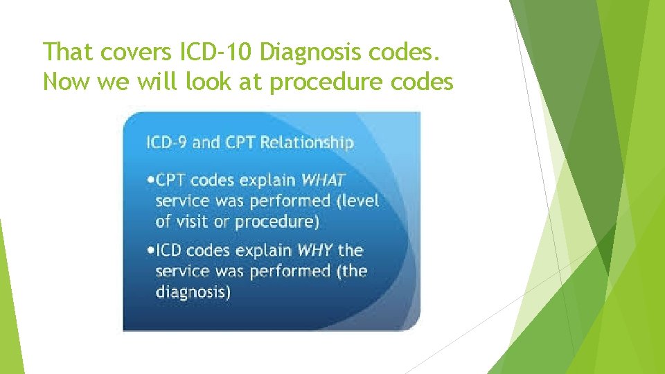 That covers ICD-10 Diagnosis codes. Now we will look at procedure codes 