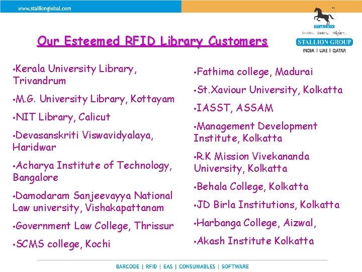 Our Esteemed RFID Library Customers • Kerala University Library, Trivandrum • M. G. University