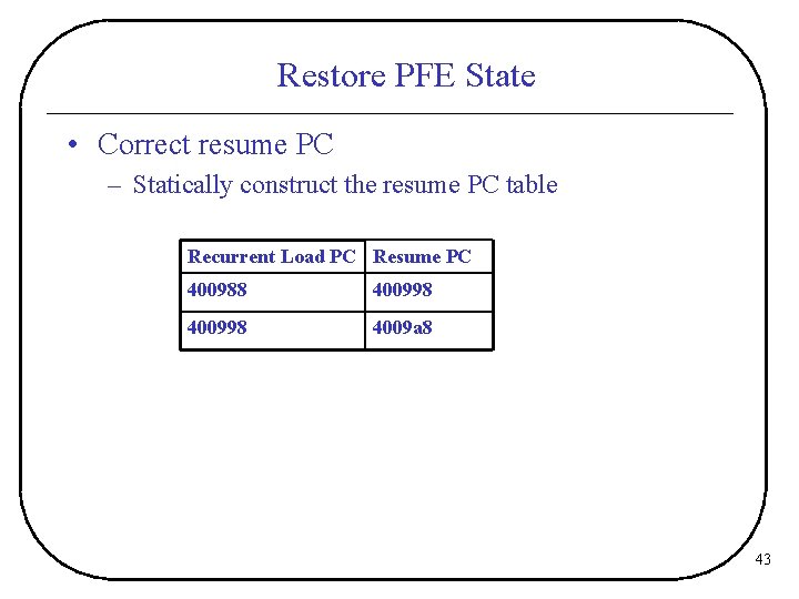 Restore PFE State • Correct resume PC – Statically construct the resume PC table