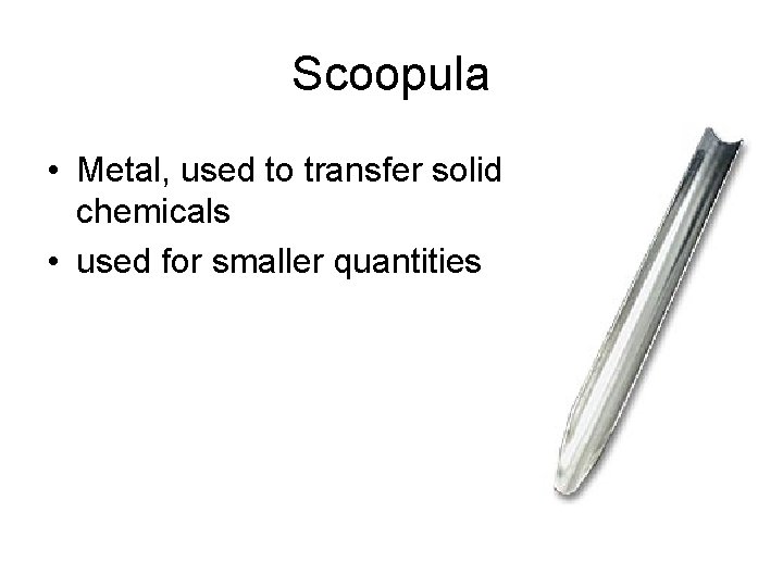 Scoopula • Metal, used to transfer solid chemicals • used for smaller quantities 