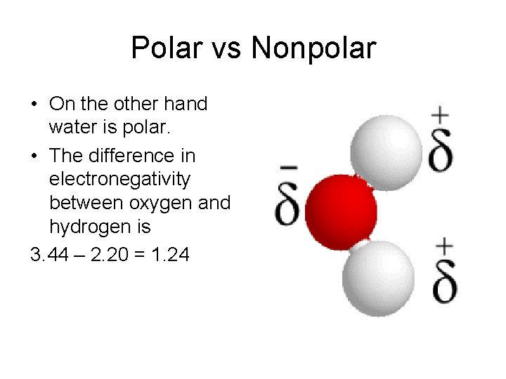 Polar vs Nonpolar • On the other hand water is polar. • The difference