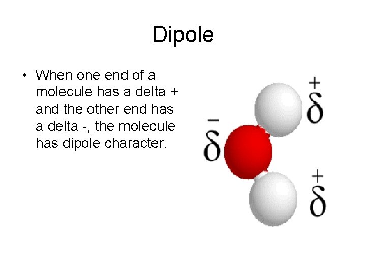 Dipole • When one end of a molecule has a delta + and the
