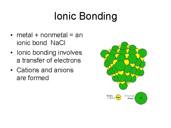 Ionic Bonding • metal + nonmetal = an ionic bond Na. Cl • Ionic