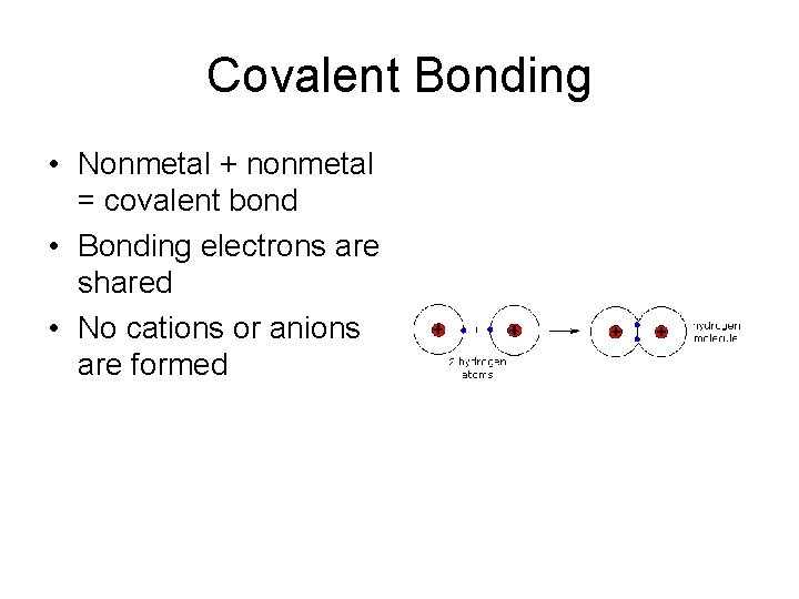 Covalent Bonding • Nonmetal + nonmetal = covalent bond • Bonding electrons are shared
