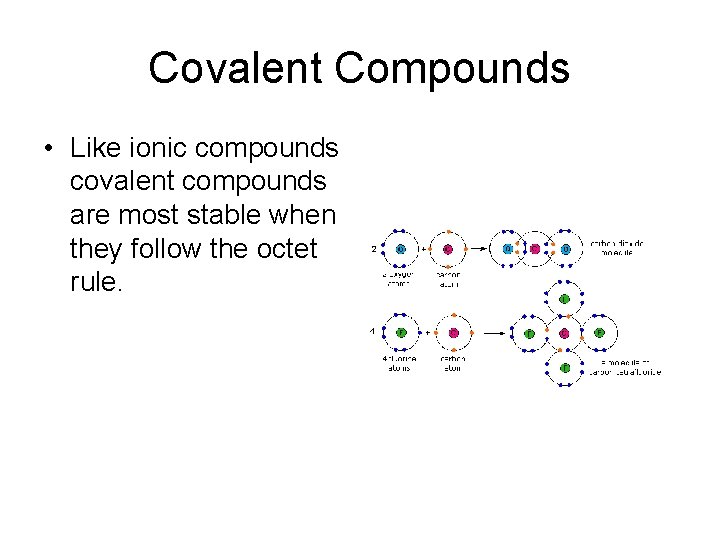 Covalent Compounds • Like ionic compounds covalent compounds are most stable when they follow