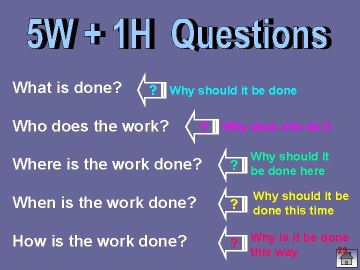 What is done? ? Why should it be done Who does the work? ?