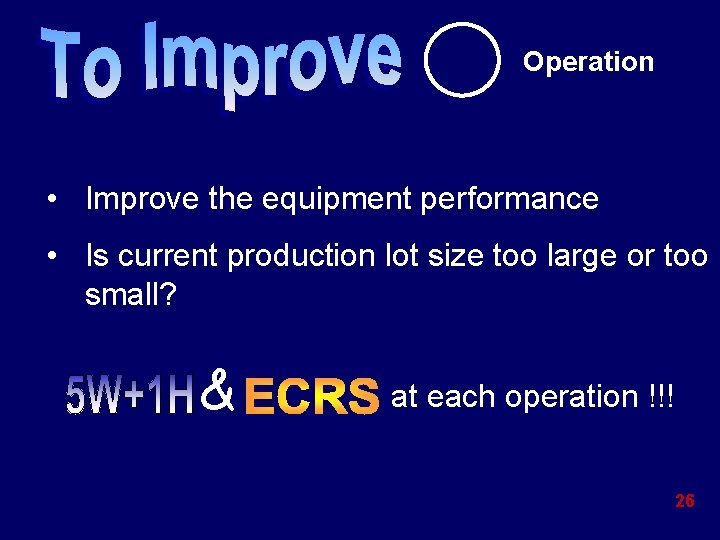 Operation • Improve the equipment performance • Is current production lot size too large Operation • Improve the equipment performance • Is current production lot size too large