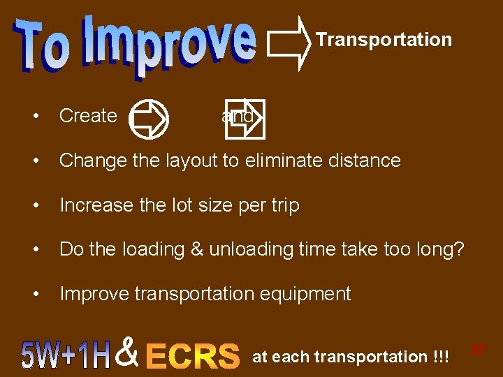 Transportation • Create and • Change the layout to eliminate distance • Increase the Transportation • Create and • Change the layout to eliminate distance • Increase the