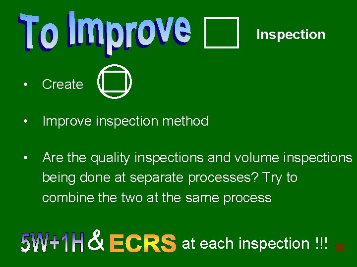 Inspection • Create • Improve inspection method • Are the quality inspections and volume