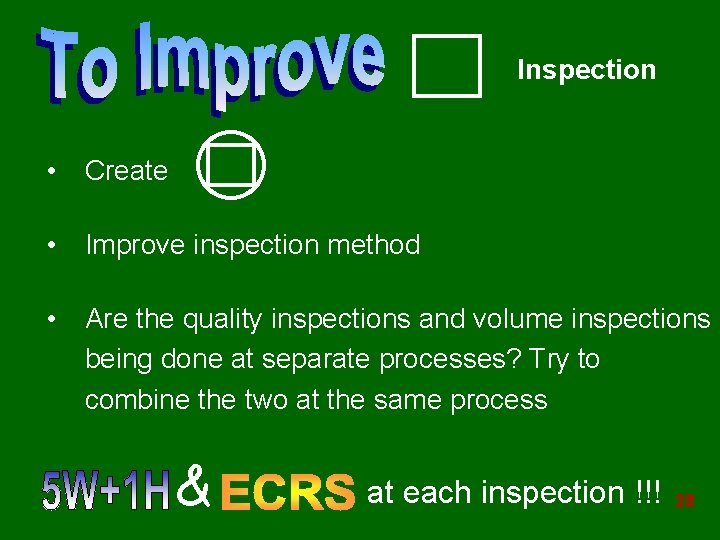 Inspection • Create • Improve inspection method • Are the quality inspections and volume Inspection • Create • Improve inspection method • Are the quality inspections and volume