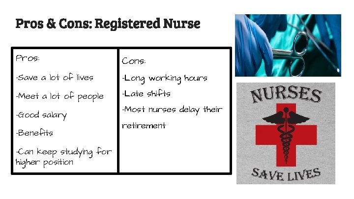 Pros & Cons: Registered Nurse Pros: Cons: -Save a lot of lives -Long working