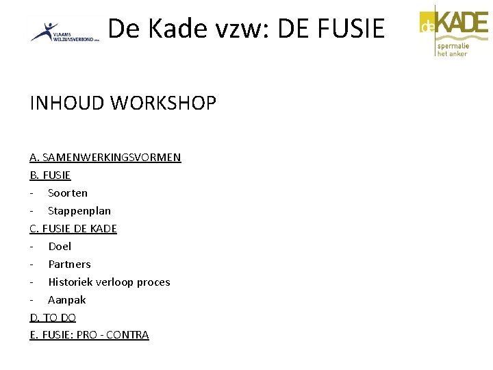 De Kade vzw: DE FUSIE INHOUD WORKSHOP A. SAMENWERKINGSVORMEN B. FUSIE - Soorten -