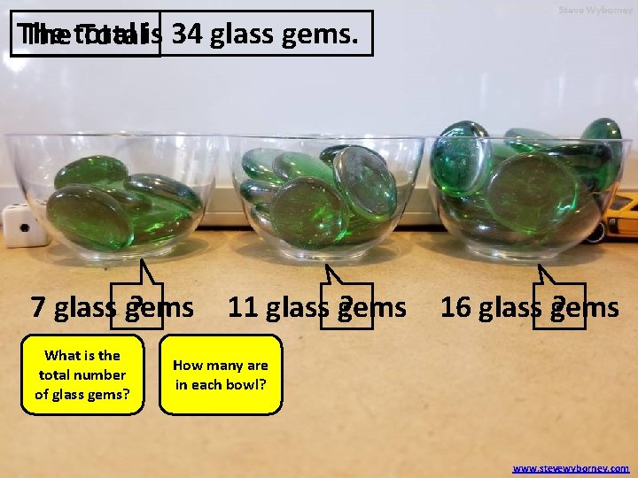 The Thetotal Totalis 34 glass gems. 7 glass gems ? What is the total