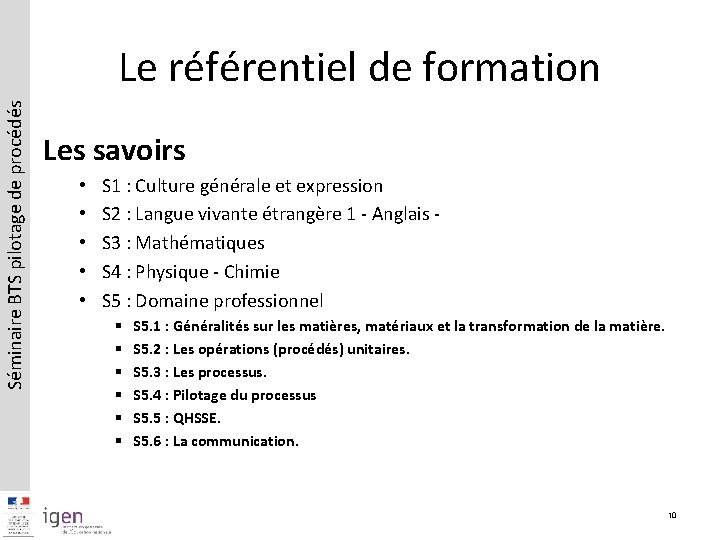 Séminaire BTS pilotage de procédés Le référentiel de formation Les savoirs • • •