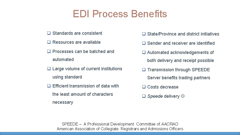 EDI Process Benefits q Standards are consistent q State/Province and district initiatives q Resources EDI Process Benefits q Standards are consistent q State/Province and district initiatives q Resources