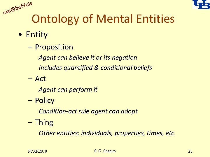 alo uff b @ cse Ontology of Mental Entities • Entity – Proposition Agent