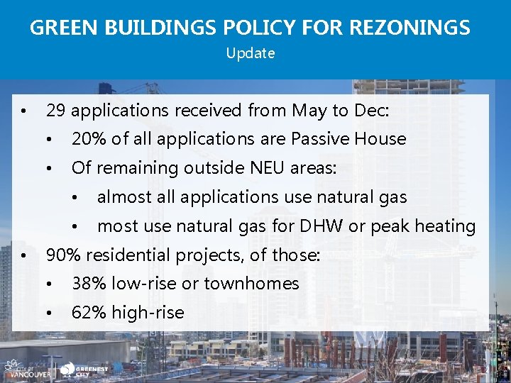 GREEN BUILDINGS POLICY FOR REZONINGS Update • • 29 applications received from May to