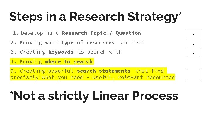 Steps in a Research Strategy* 1. Developing a Research Topic / Question x 2.