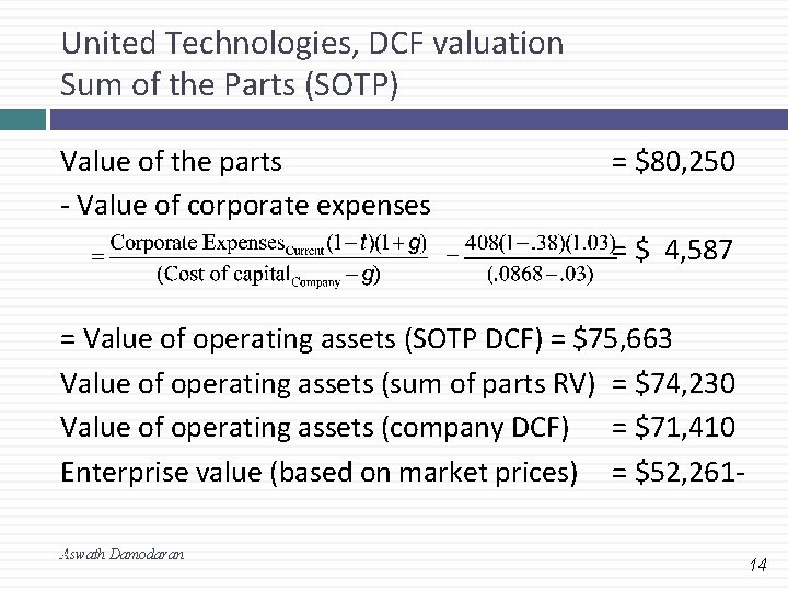 United Technologies, DCF valuation Sum of the Parts (SOTP) Value of the parts -