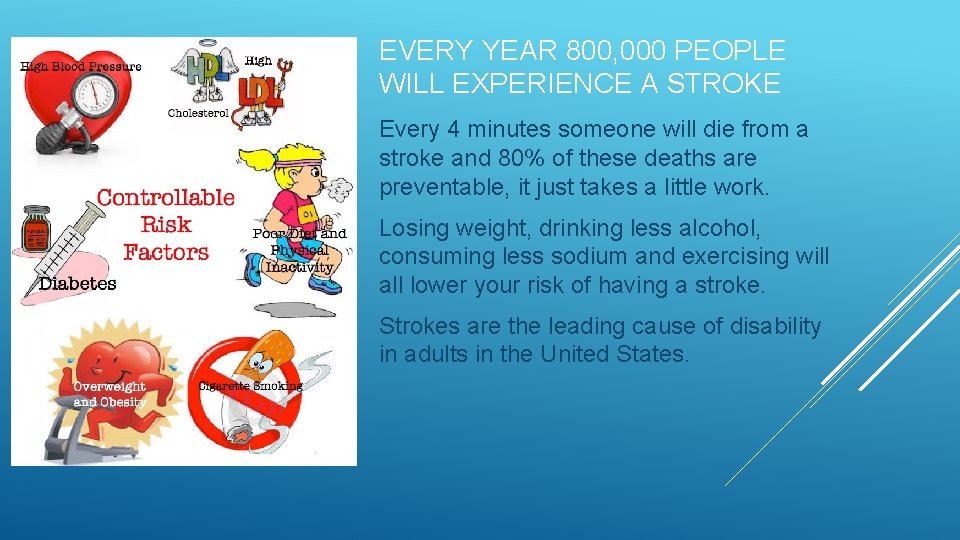 EVERY YEAR 800, 000 PEOPLE WILL EXPERIENCE A STROKE Every 4 minutes someone will