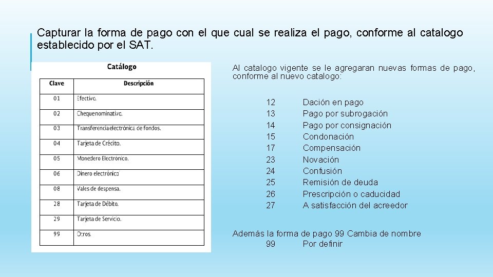 Capturar la forma de pago con el que cual se realiza el pago, conforme