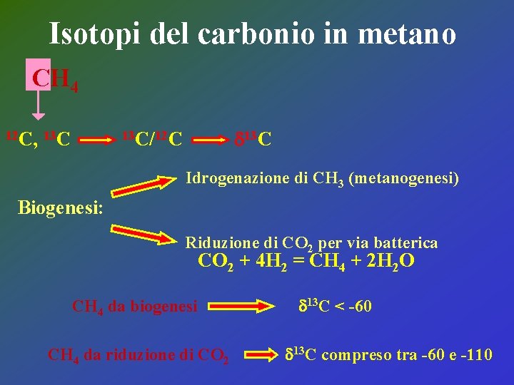 Isotopi del carbonio in metano CH 4 12 C, 13 C d 13 C/12