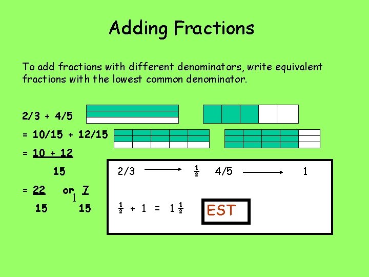 Adding Fractions To add fractions with different denominators, write equivalent fractions with the lowest Adding Fractions To add fractions with different denominators, write equivalent fractions with the lowest
