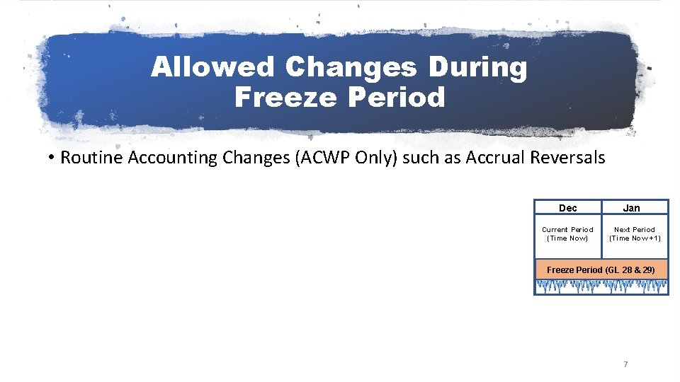 Allowed Changes During Freeze Period • Routine Accounting Changes (ACWP Only) such as Accrual