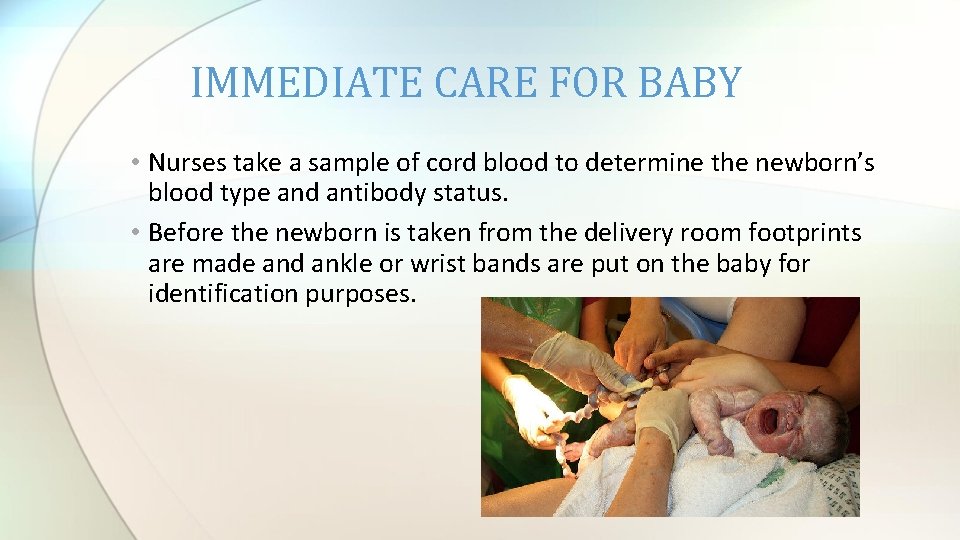 IMMEDIATE CARE FOR BABY • Nurses take a sample of cord blood to determine