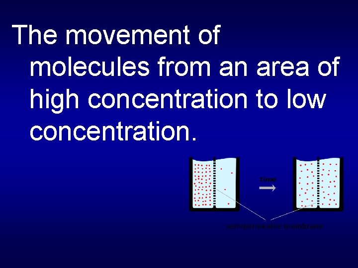 The movement of molecules from an area of high concentration to low concentration. 
