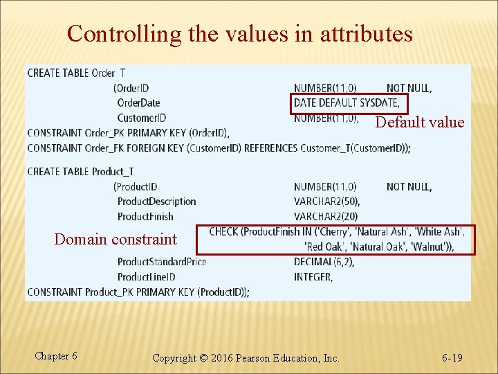 Controlling the values in attributes Default value Domain constraint Chapter 6 Copyright © 2016