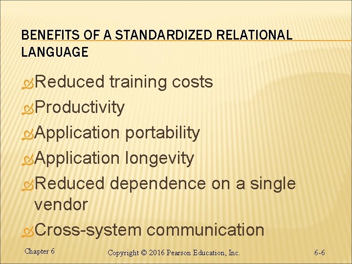 BENEFITS OF A STANDARDIZED RELATIONAL LANGUAGE Reduced training costs Productivity Application portability Application longevity