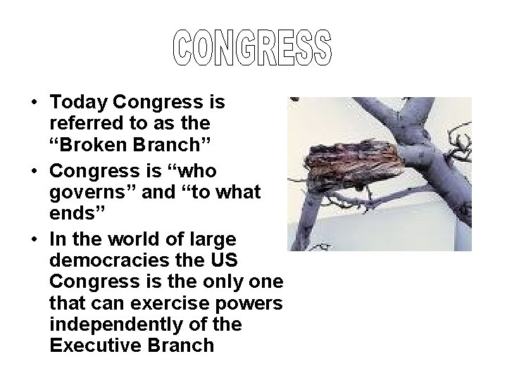  • Today Congress is referred to as the “Broken Branch” • Congress is