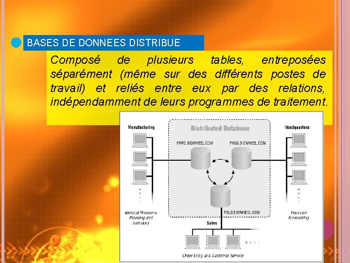 BASES DE DONNEES DISTRIBUE Composé de plusieurs tables, entreposées séparément (même sur des différents