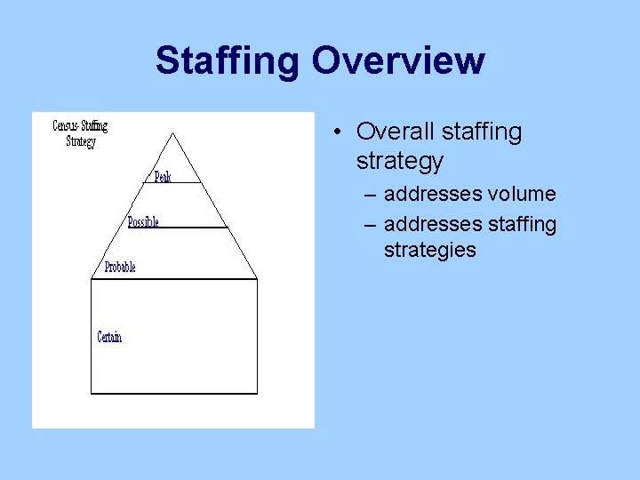 Staffing Overview • Overall staffing strategy – addresses volume – addresses staffing strategies 