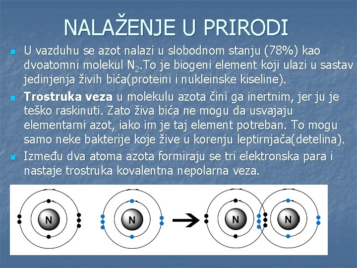 NALAŽENJE U PRIRODI n n n U vazduhu se azot nalazi u slobodnom stanju