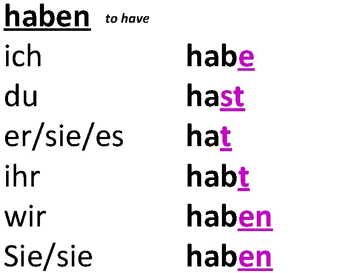 haben to have ich du er/sie/es ihr wir Sie/sie habe hast habt haben 