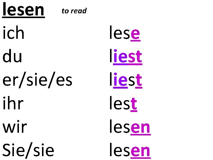 lesen to read ich du er/sie/es ihr wir Sie/sie lese liest lest lesen 