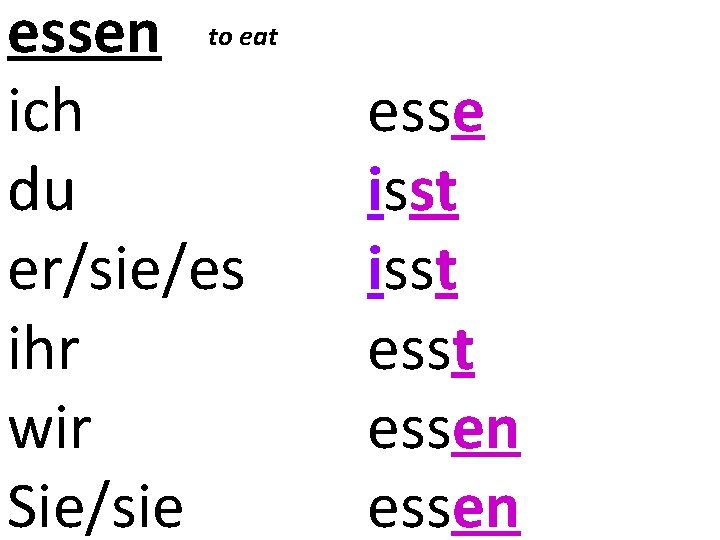 essen to eat ich du er/sie/es ihr wir Sie/sie esse isst esst essen 