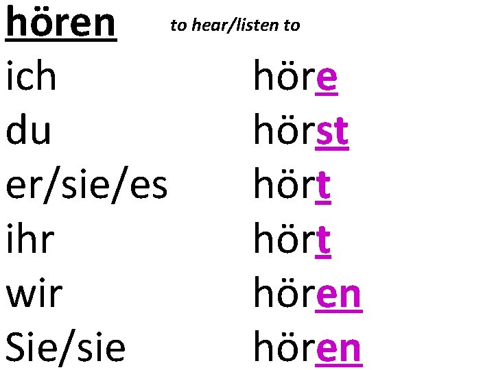hören to hear/listen to ich höre du hörst er/sie/es hört ihr hört wir hören
