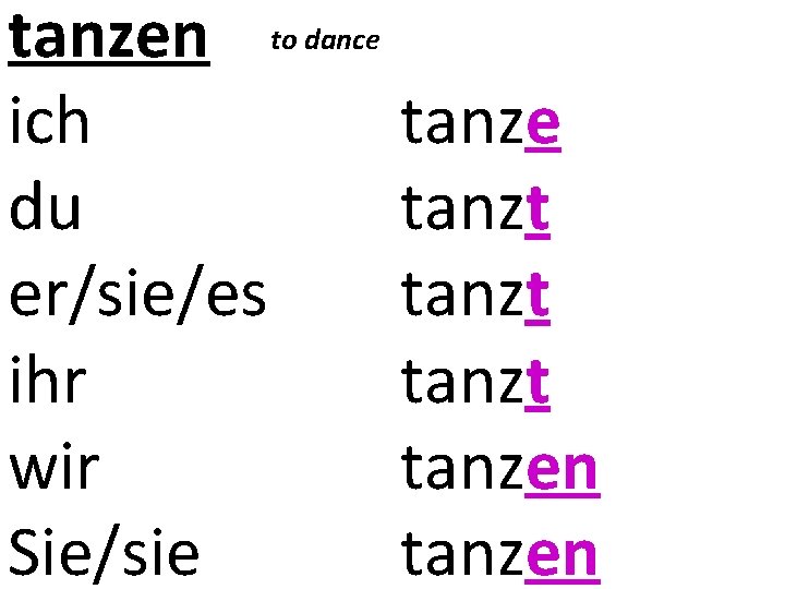 tanzen to dance ich tanze du tanzt er/sie/es tanzt ihr tanzt wir tanzen Sie/sie