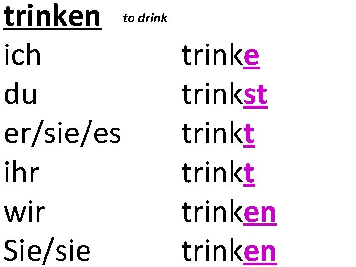 trinken to drink ich du er/sie/es ihr wir Sie/sie trinkst trinkt trinken 