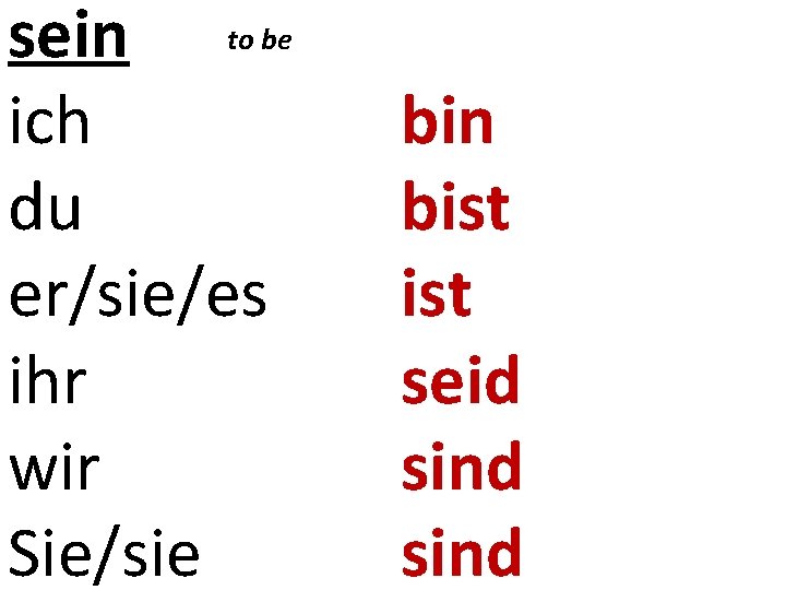 sein to be ich du er/sie/es ihr wir Sie/sie bin bist seid sind 