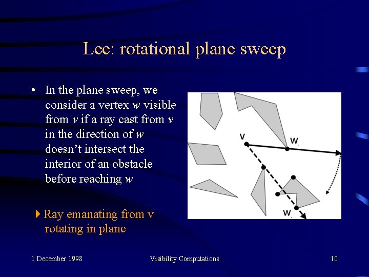 Lee: rotational plane sweep • In the plane sweep, we consider a vertex w