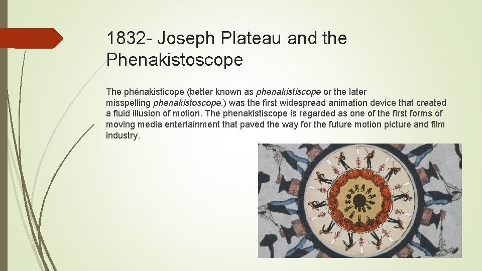 1832 - Joseph Plateau and the Phenakistoscope The phénakisticope (better known as phenakistiscope or