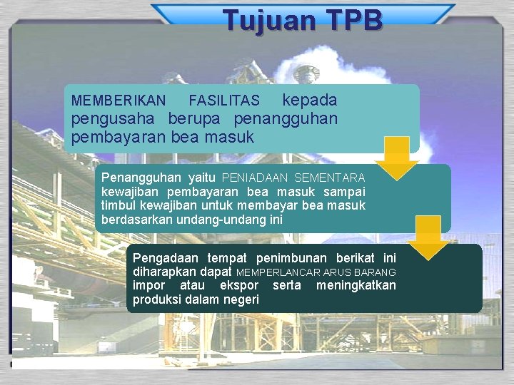 Tujuan TPB kepada pengusaha berupa penangguhan pembayaran bea masuk MEMBERIKAN FASILITAS Penangguhan yaitu PENIADAAN