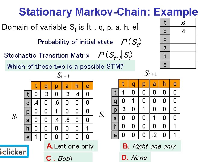 Stationary Markov-Chain: Example t q p a h e Domain of variable Si is