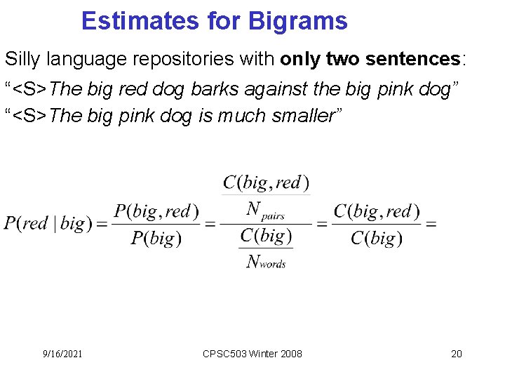 Estimates for Bigrams Silly language repositories with only two sentences: “<S>The big red dog