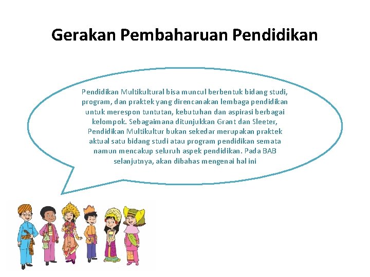 Gerakan Pembaharuan Pendidikan Multikultural bisa muncul berbentuk bidang studi, program, dan praktek yang direncanakan