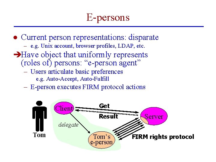 E-persons l Current person representations: disparate – e. g. Unix account, browser profiles, LDAP,